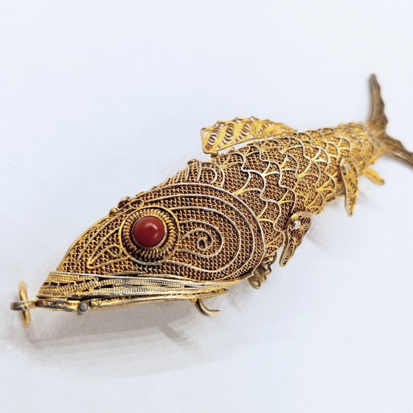 Antique 3 3/8" Articulated Fish Vermeil 800 Silver Chatelaine Perfume Pendant - Picture 3 of 9